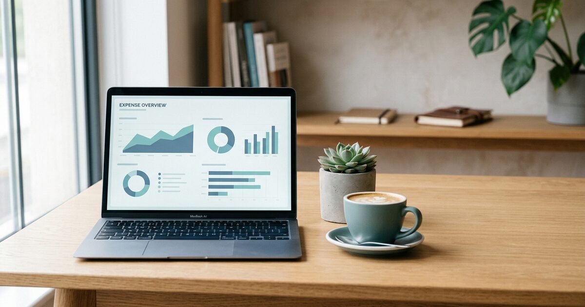 Expense report open on a laptop at a tidy small-business desk